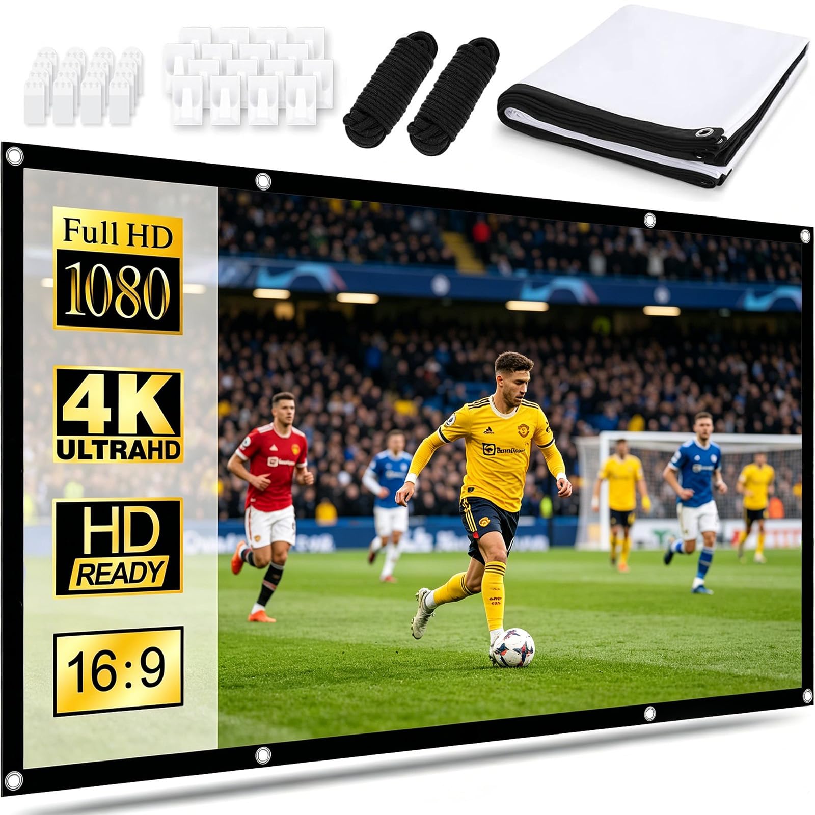 Écran de projecteur 100 pouces 16:9 HD 4K pour extérieur et intérieur - Écran de projection portable pliable et lavable pour home cinéma, bureau et camping