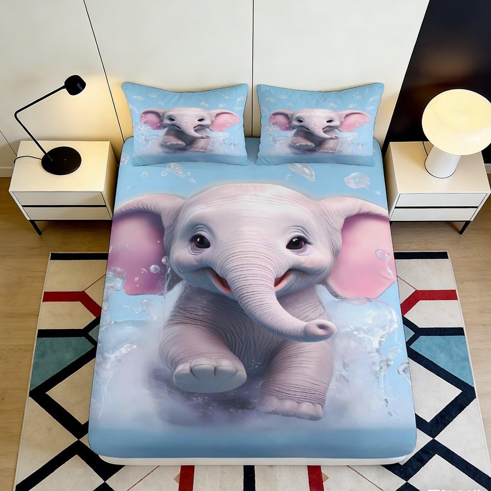 3D Printed Cute Elephant Fitted Sheet Microfiber Deep Pocket Non-Slip Cartoon Mattress Fitted Cover for Bedroom Youth 90x200x25cm