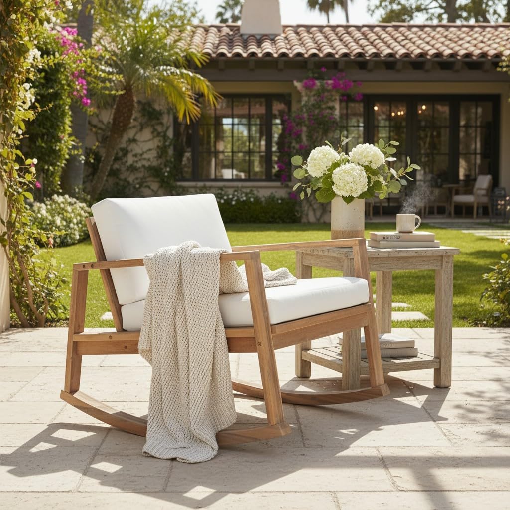Christopher Knight Home Springer Acacia Wood Rocking Chair Outdoor, Patio Rocker Chair with Soft Cushions, Contemporary Lounge Chair Outdoor, Rocking Accent Chair for Indoor/Outdoor, Light Teak+White