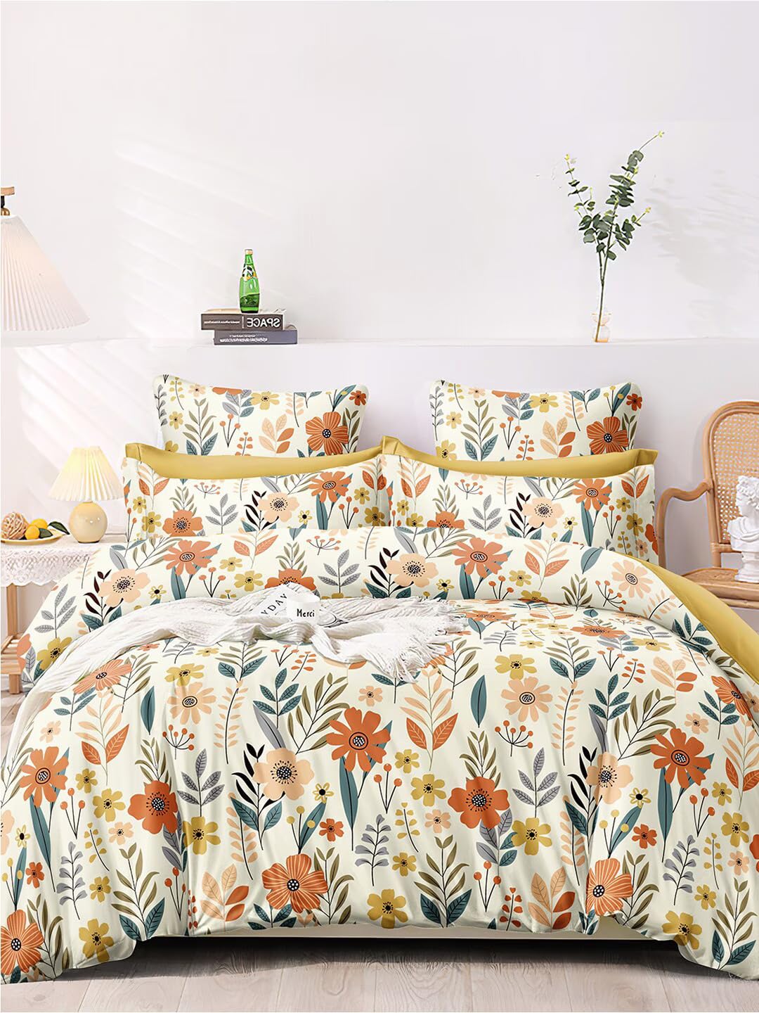 LOOMLYFE 300 TC Microfiber XXL Soft Cotton Super King Size Bedsheet for Double Bed, King Size 108 Inches X 108 Inches, 9 Feet, 275 X 275 cm with 2 Large Size Pillow Covers - YellowOrangeFlower