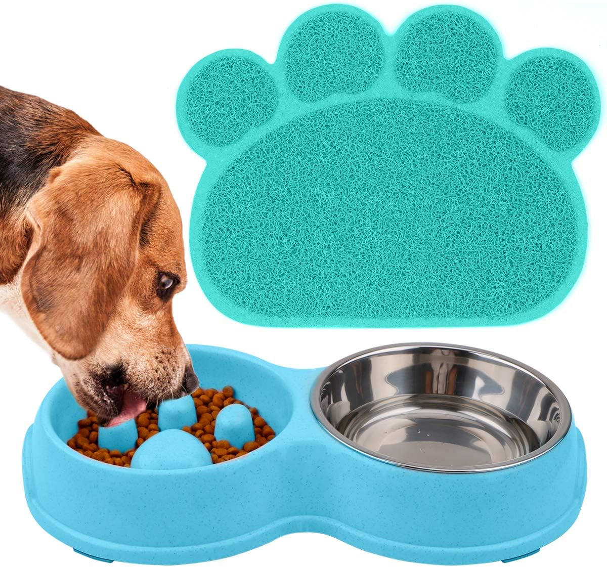 FPVERA Double Dog Cat Bowls with Slow Eating Design Pets Food Mat Feeding Water Bowl for Cats and Small Dogs