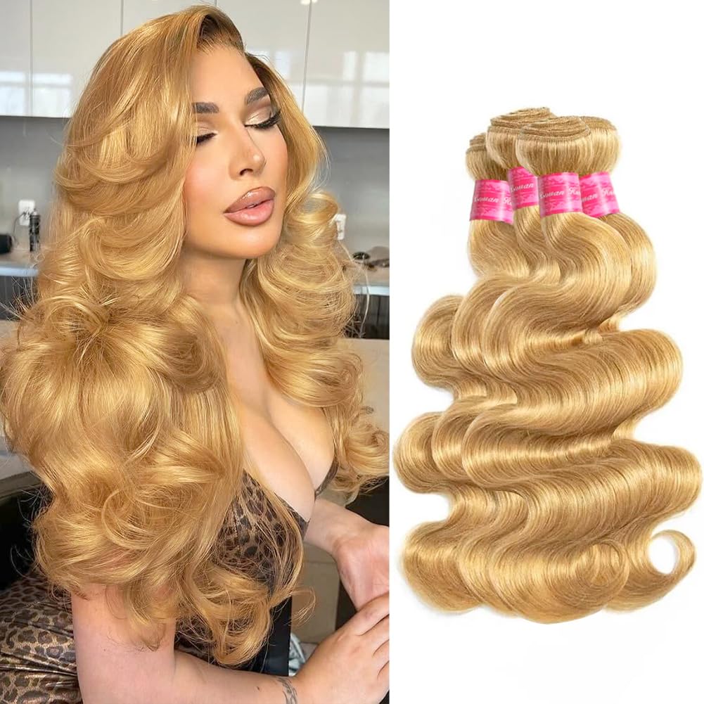 Aopusi Honey Blonde Human Hair Bundles #27 Colored Body Wave Brazilian Remy Human Hair Weft Blonde Hair 4 Bundles Blonde Body Wave Bundles(18 20 22 24