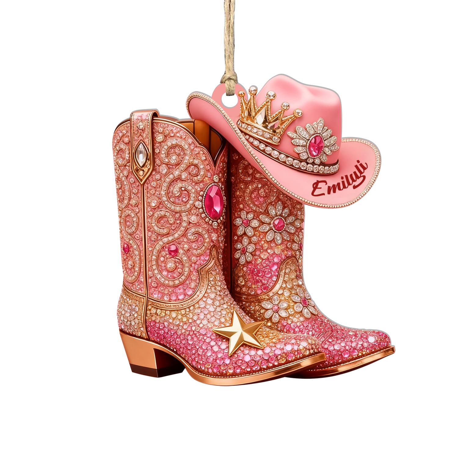 Personalized 2D Flat Cowgirl Boots and Hat Christmas Ornament,Custom Western Cowgirl Boot Hat Hanging Ornaments for Christmas Trees,Xmas Western Gift for Cowgirl