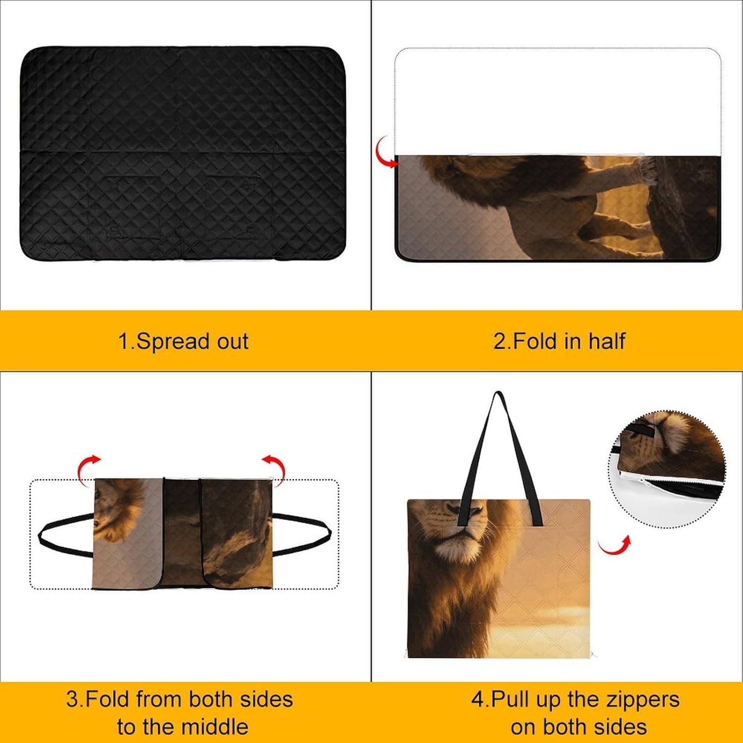 Cool Lion Picnic Blanket 150x100cm, Foldable 2-in-1 Picnic Mat and Tote Bag Portable Waterproof Beach Mat Sandproof Outdoor Blanket for Park, Hiking, Beach, Camping, Travel