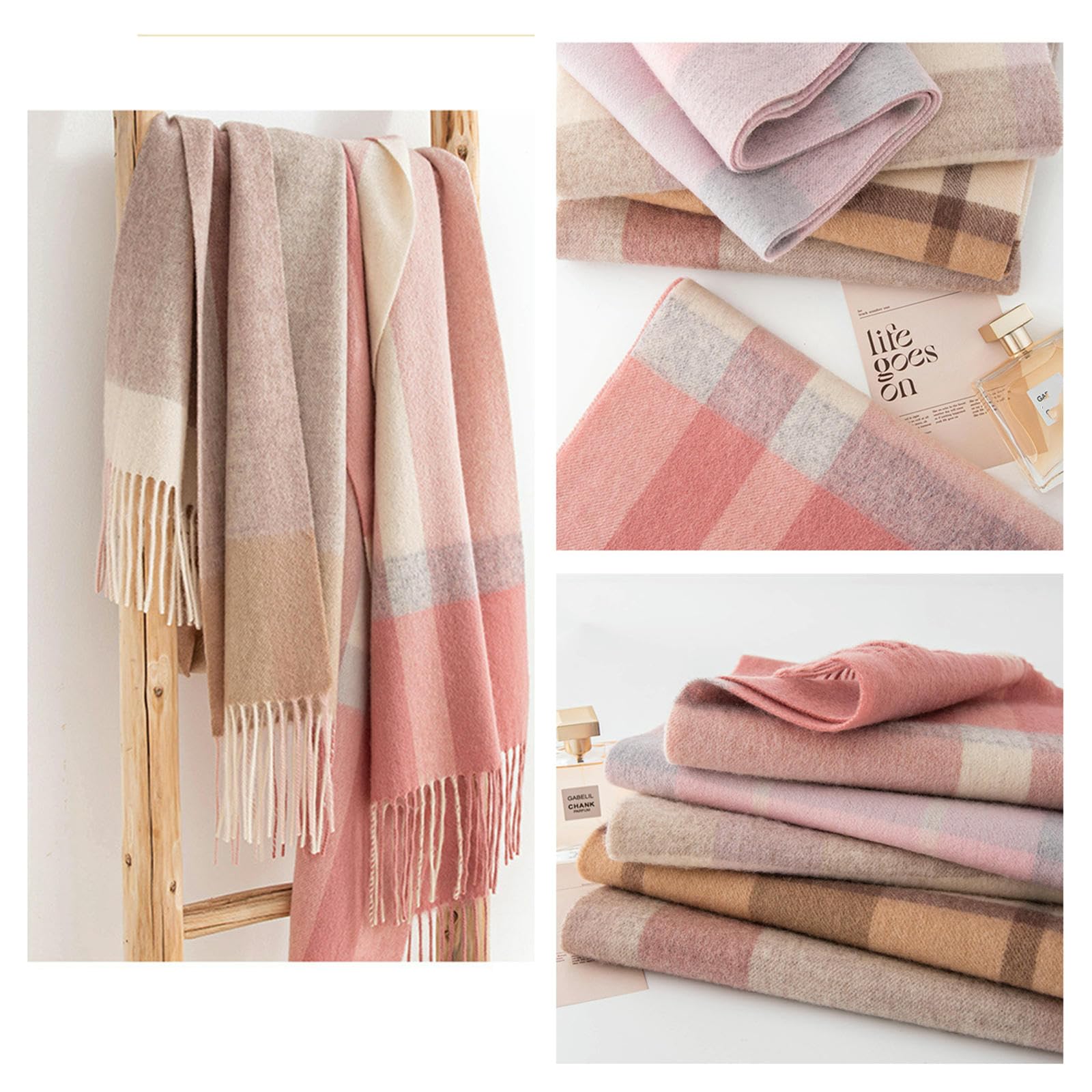Damenschal Farbblock-schal Für Damen, Hochwertiger Warmer Karierter Herbst- Winterschal, Halswärmer Mit Quasten-lila-30 * 190cm