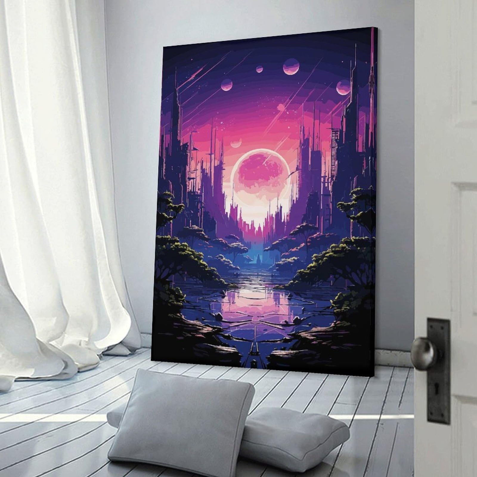 Junmoney Anime City Moonrise Canvas Wall Picture 12x18inch(30x45cm), for Study, Office Or Focused Interiors, Home Office Artwork with Decorative Appeal