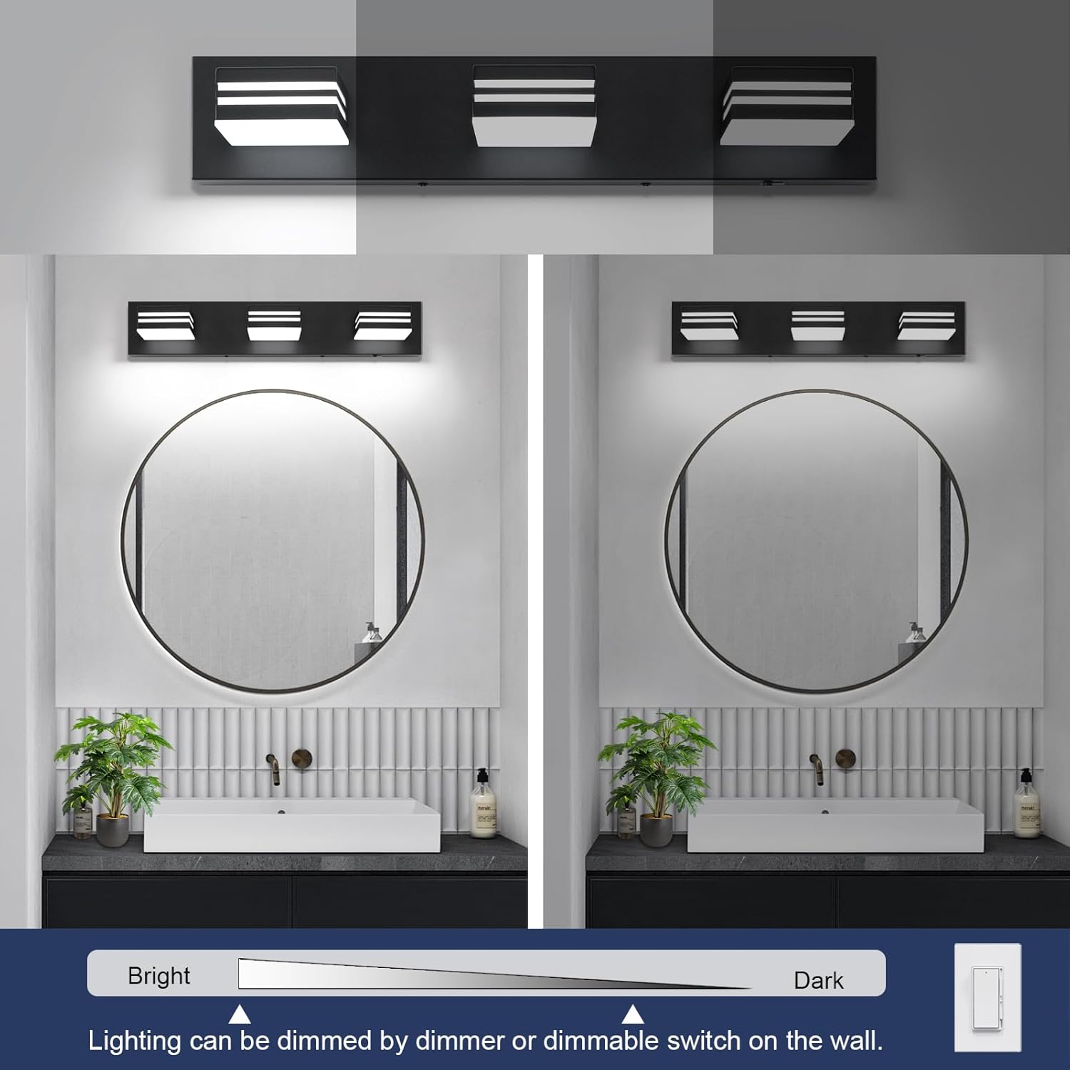 LED Modern Bathroom Vanity Light Fixtures (3-Light, 24-Inch)(5CCT, Dimmable), Matte Black Modern Bathroom Wall Lighting Fixtures Over Mirror (3000K/3500K/4000K/5000K/6000K)