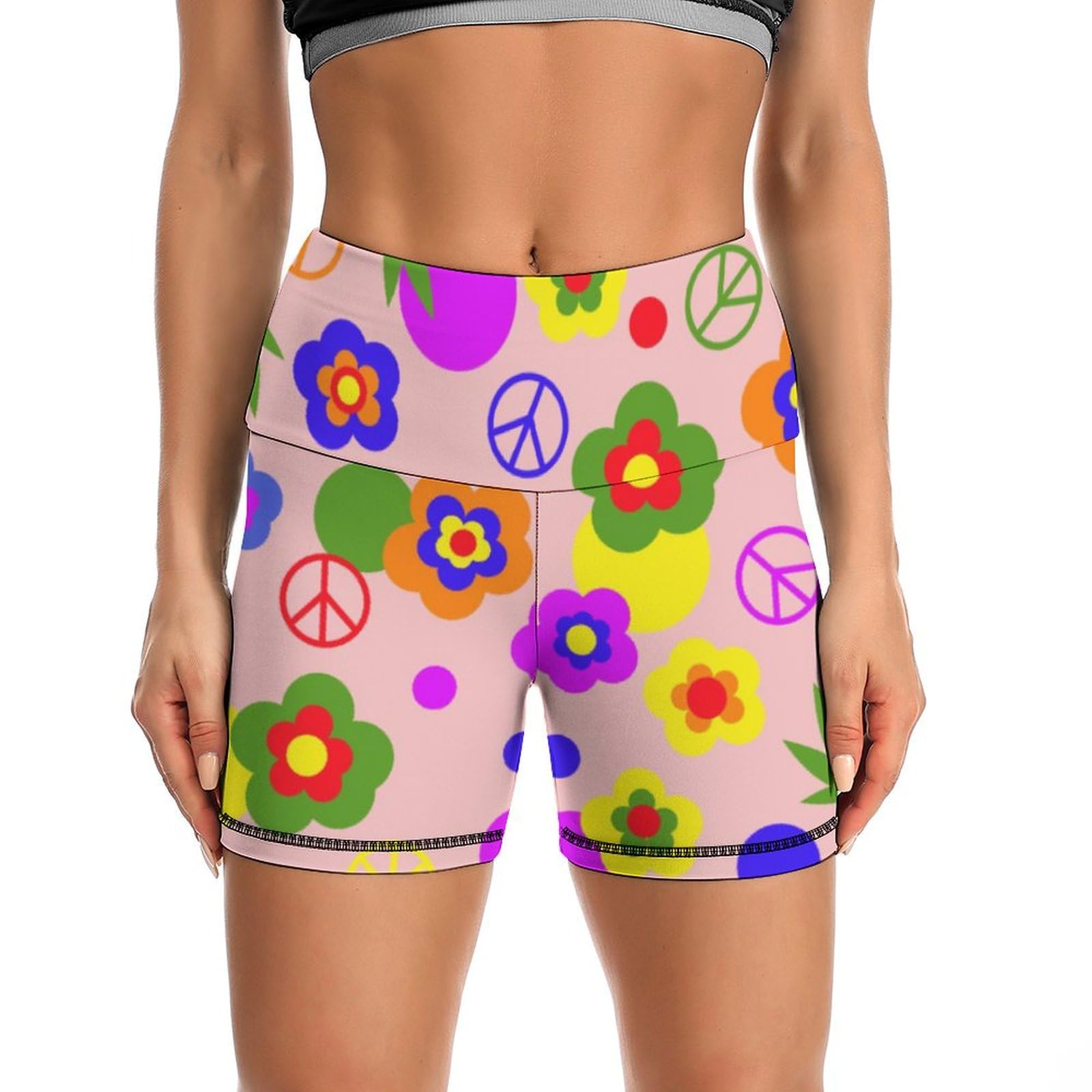 Hippie Peace Daisy Flower High Waist Yoga Shorts for Women Athletic Shorts Leggings Running Pants Black