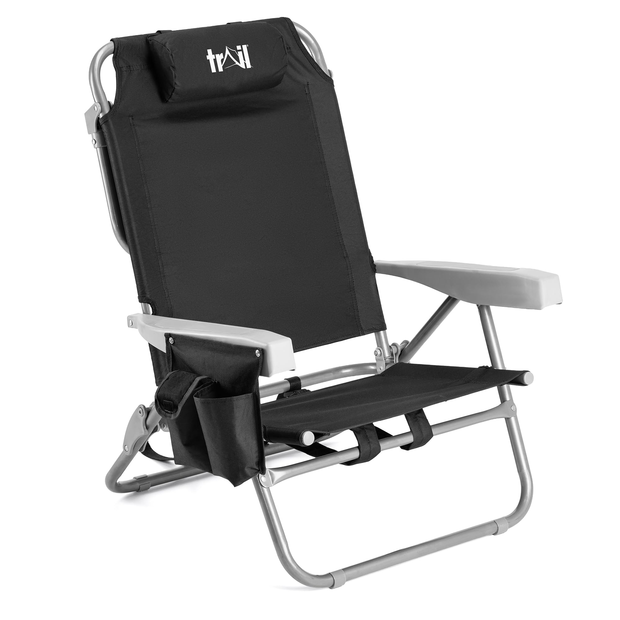Trail Low Reclining Beach Chair, Black Lightweight Folding Recliner – Reclines to 4 Positions, Head Cushion, Drinks Holder, Storage Pouch & Backpack-Style Carry Straps, Portable Camping Lounger