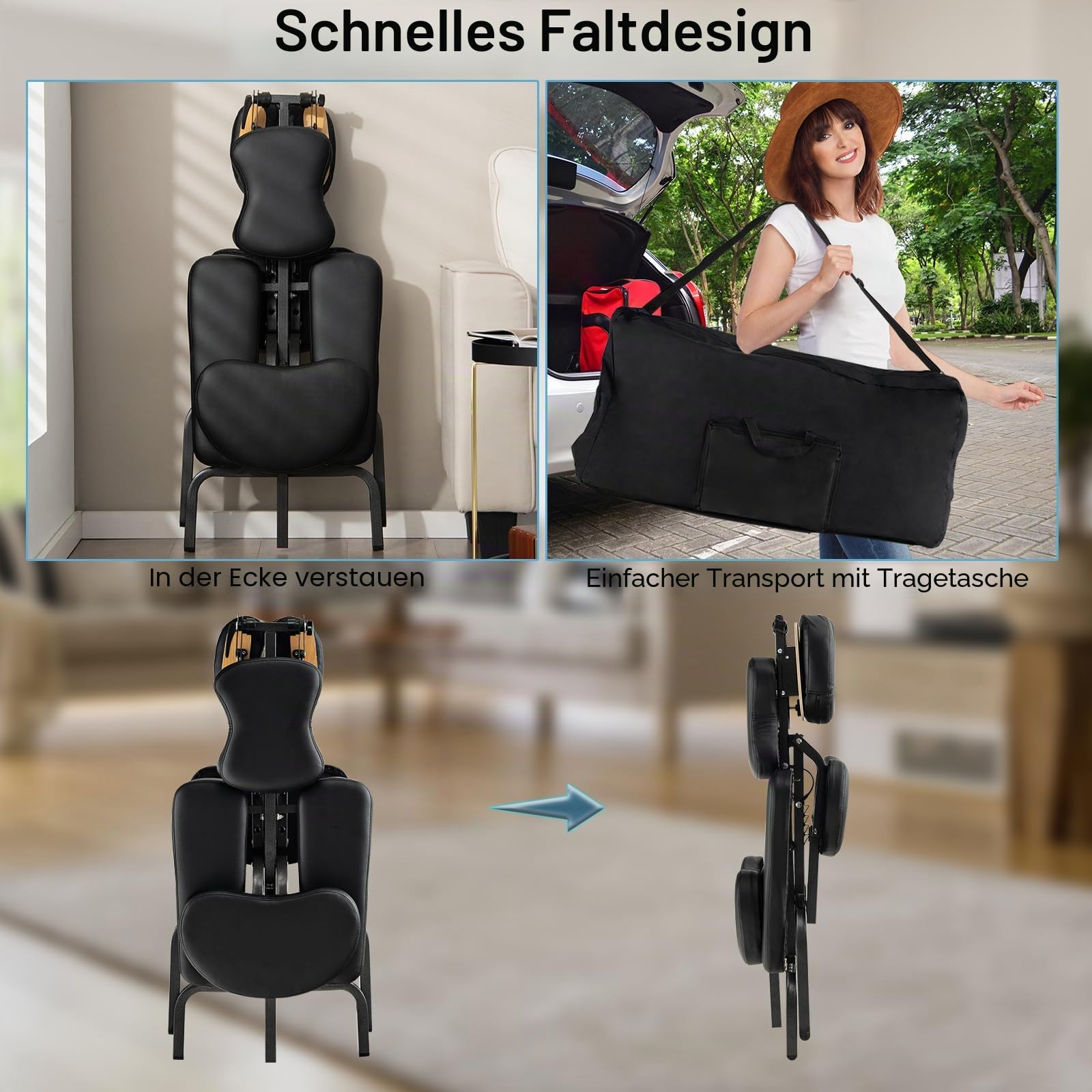 HOMASIS Faltbarer Massagesessel, Massagestuhl 110-120 cm höhenverstellbar, Oxford-Stoff, 55 x 48 x 120 cm Schwarz