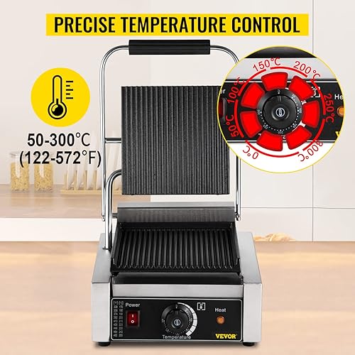 Miniatura 4 de Happybuy Parrilla de prensa Panini para sándwich comercial sándwich eléctrico de acero inoxidable de 1800 W control de temperatura 122 F-572 F para