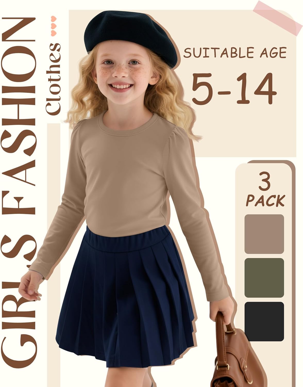 3 Pack Girls Puff Long Sleeve Shirts Soft Crew Neck Layering Tops Kids Fall Basic T Shirts Solid Casual Tees - Image 4