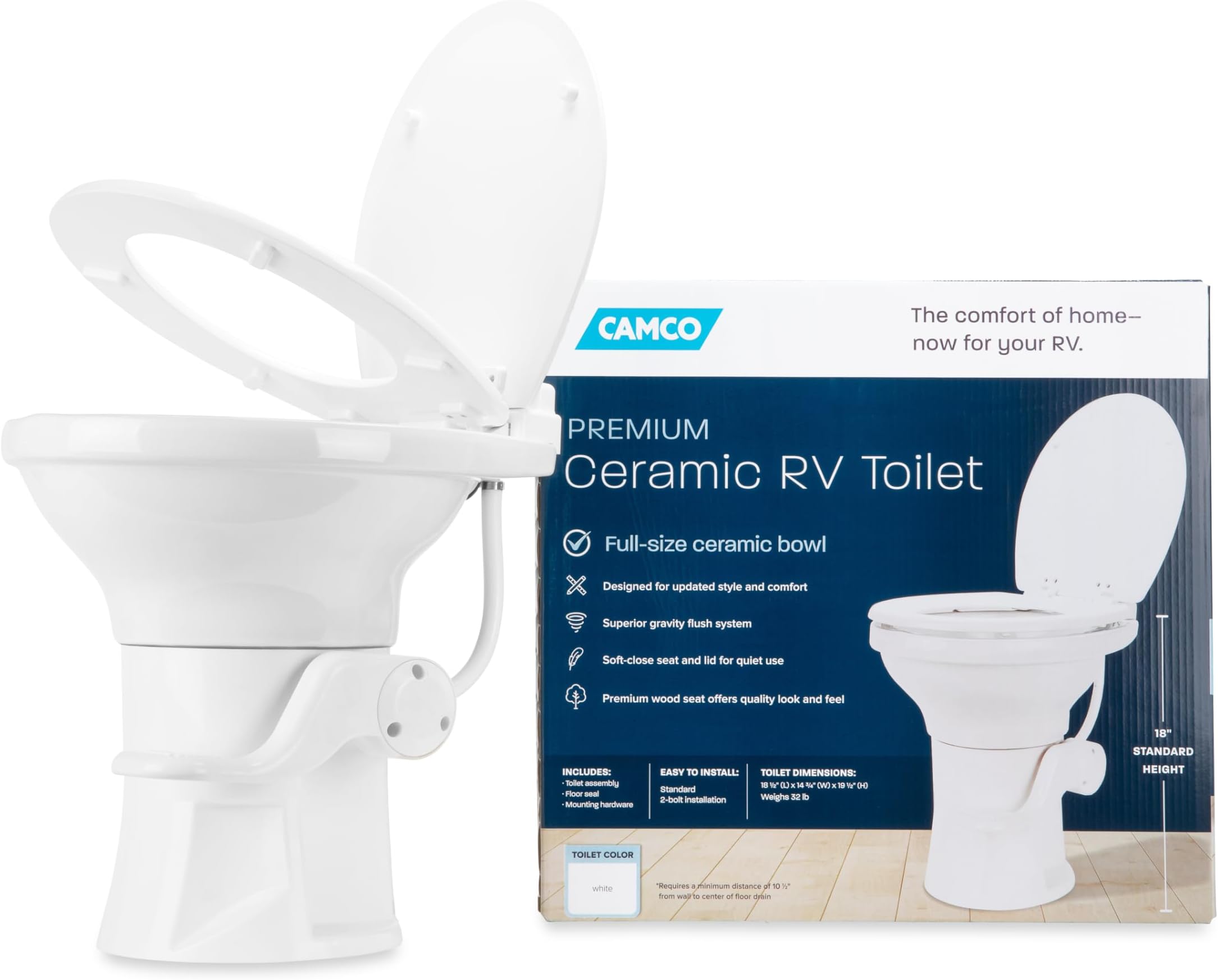 Camco Premium Ceramic Camper/RV Toilet - Features Gravity Flush System with Convenient Foot Pedal & Full-Sized Ergonomic Design with 18" Chair Height - Soft-Close Wood Seat & Lid - White (41710)