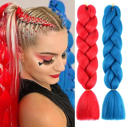 BASEMMAHER Extensiones de cabello rojo y azul para trenzar, extensiones de cabello de 24 pulgadas, cabello trenzado de fibra sintética de alta