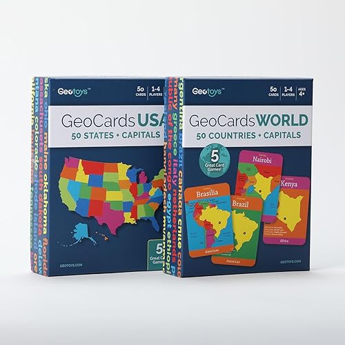 Miniatura 6 de Geotoys GeoCards, paquete de tarjetas flash World & USA Juego de geografía, juegos de cartas para niños para familias, hogar, escuela y viajes