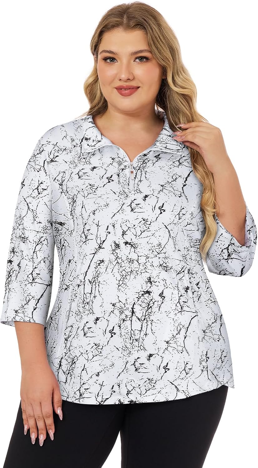 Tanst Sky Plus Size Womens Golf Polo Shirt 3/4 Sleeve Zip Up Workout Tops with Pockets - Image 2