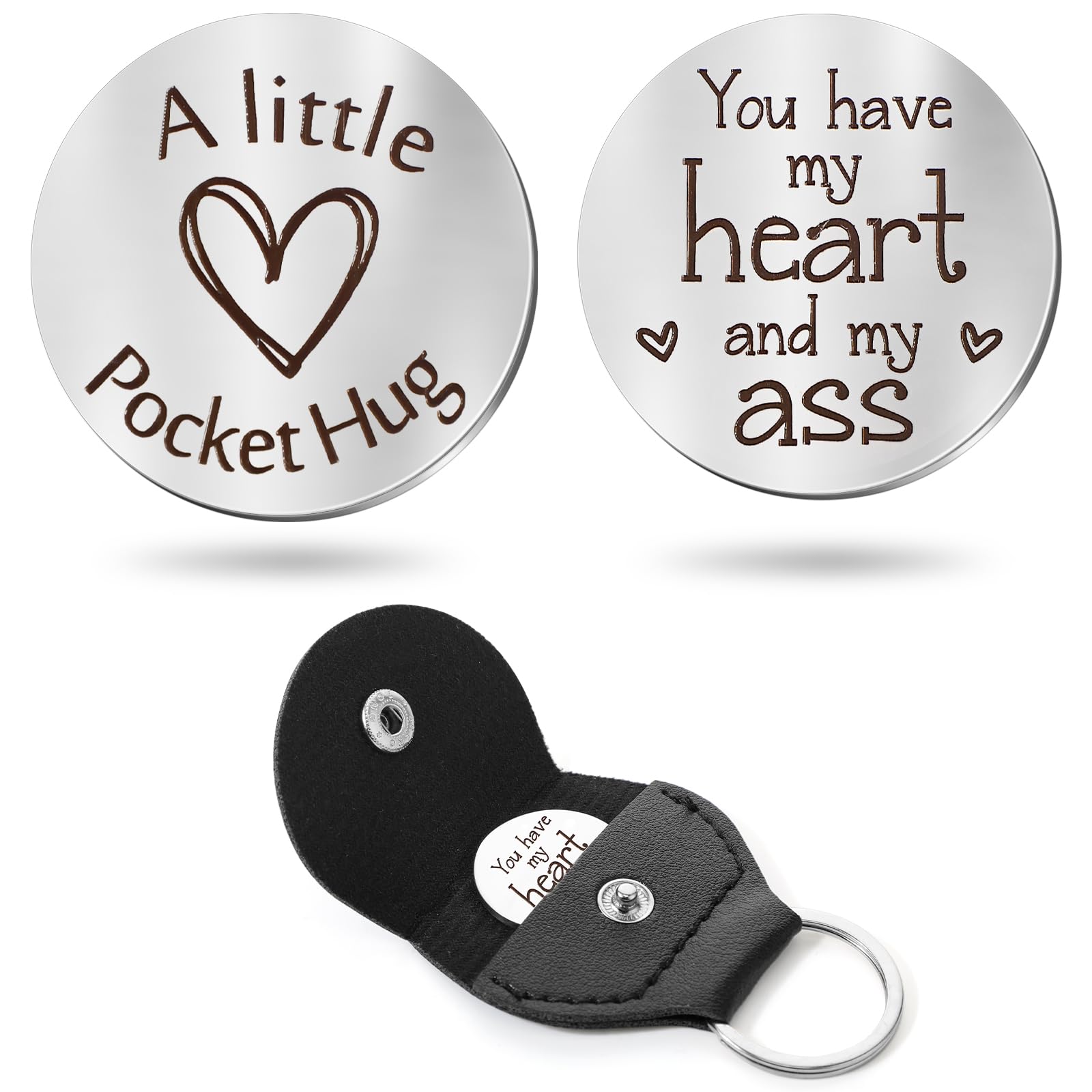 SureioPocket Hug Token Long Distance Relationship Keepsake Stainless Steel Double Sided Inspirational Gift with PU Leather Keychain (Valentine's Gift)