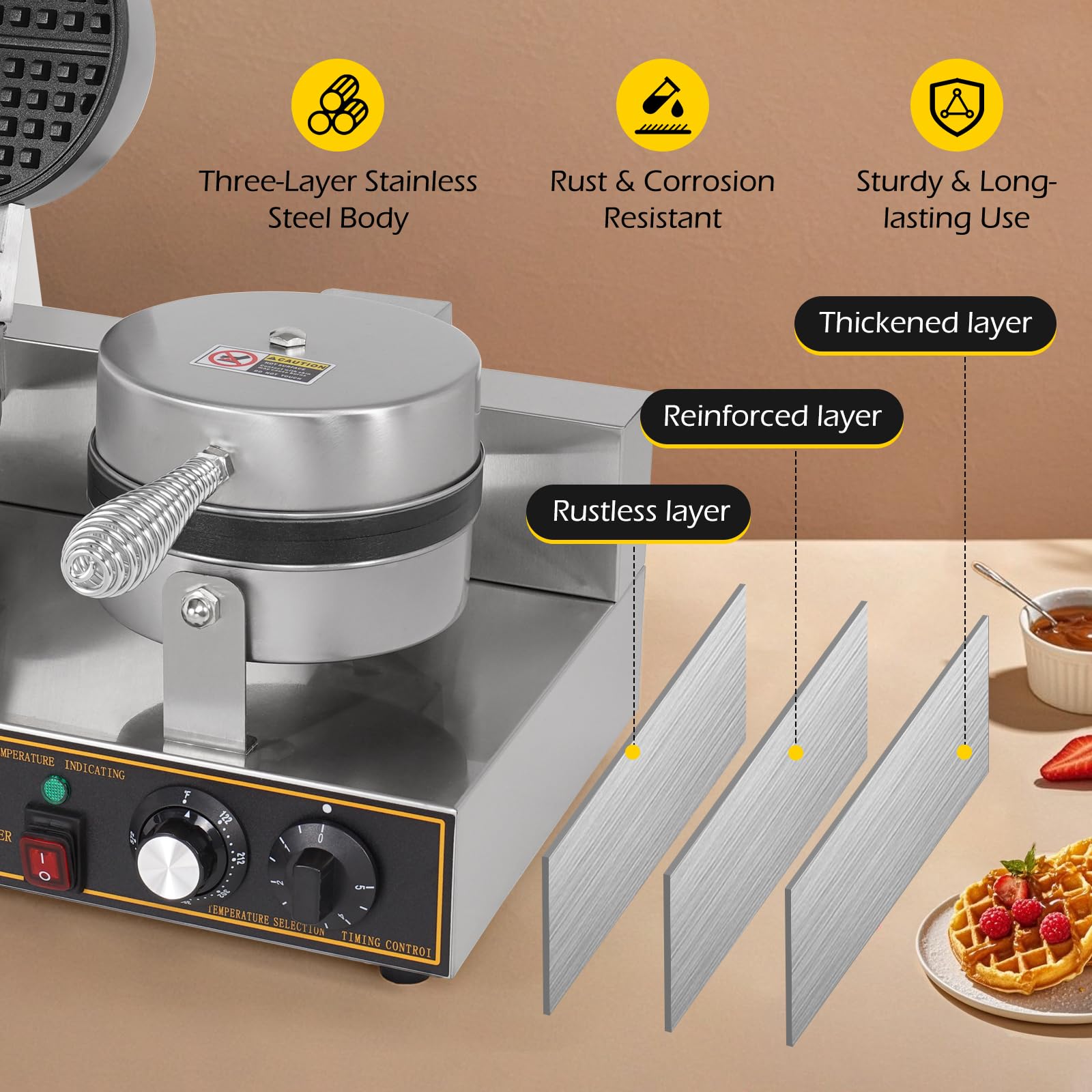 Máquina de gofres doble de 2400 W, para restaurante, antiadherente, redonda, waflera comercial, máquina de gofres grande para hotel, acero inoxidable grueso 4
