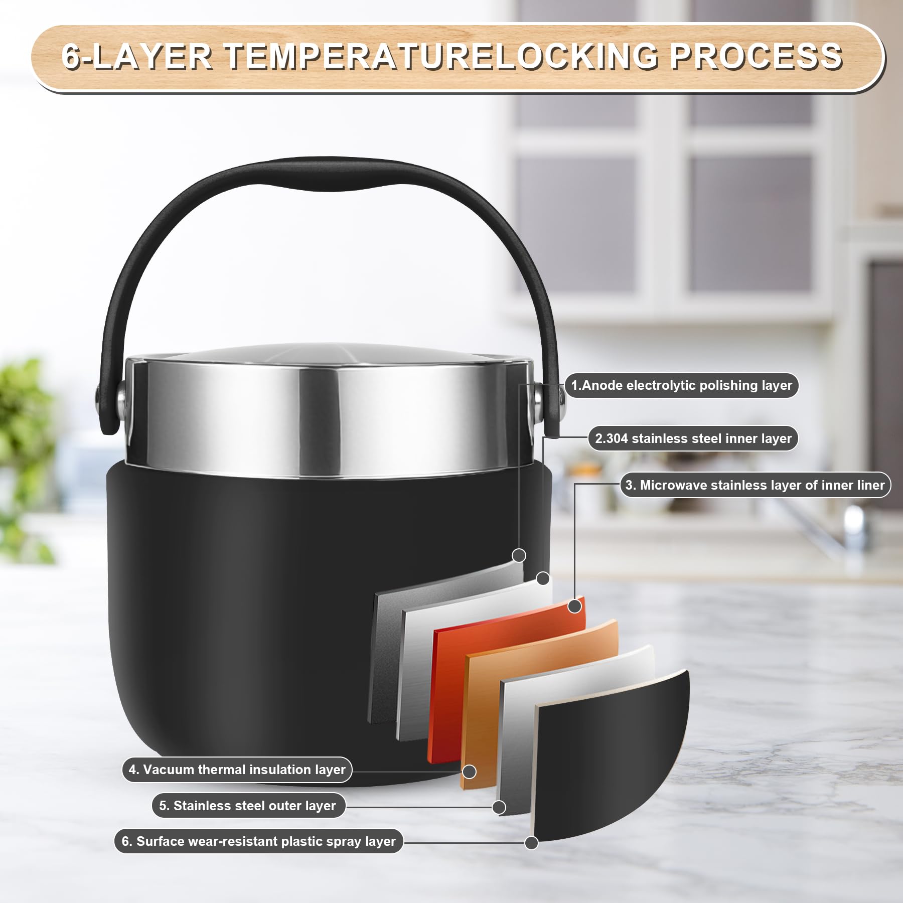 Portapranzo Termico per Alimenti 1200ml Contenitore Termico per Alimenti Caldi con Cucchiaio Pieghevole per Conservare Porridge,Zuppa,Frutta,Yogurt e Pranzi Nero