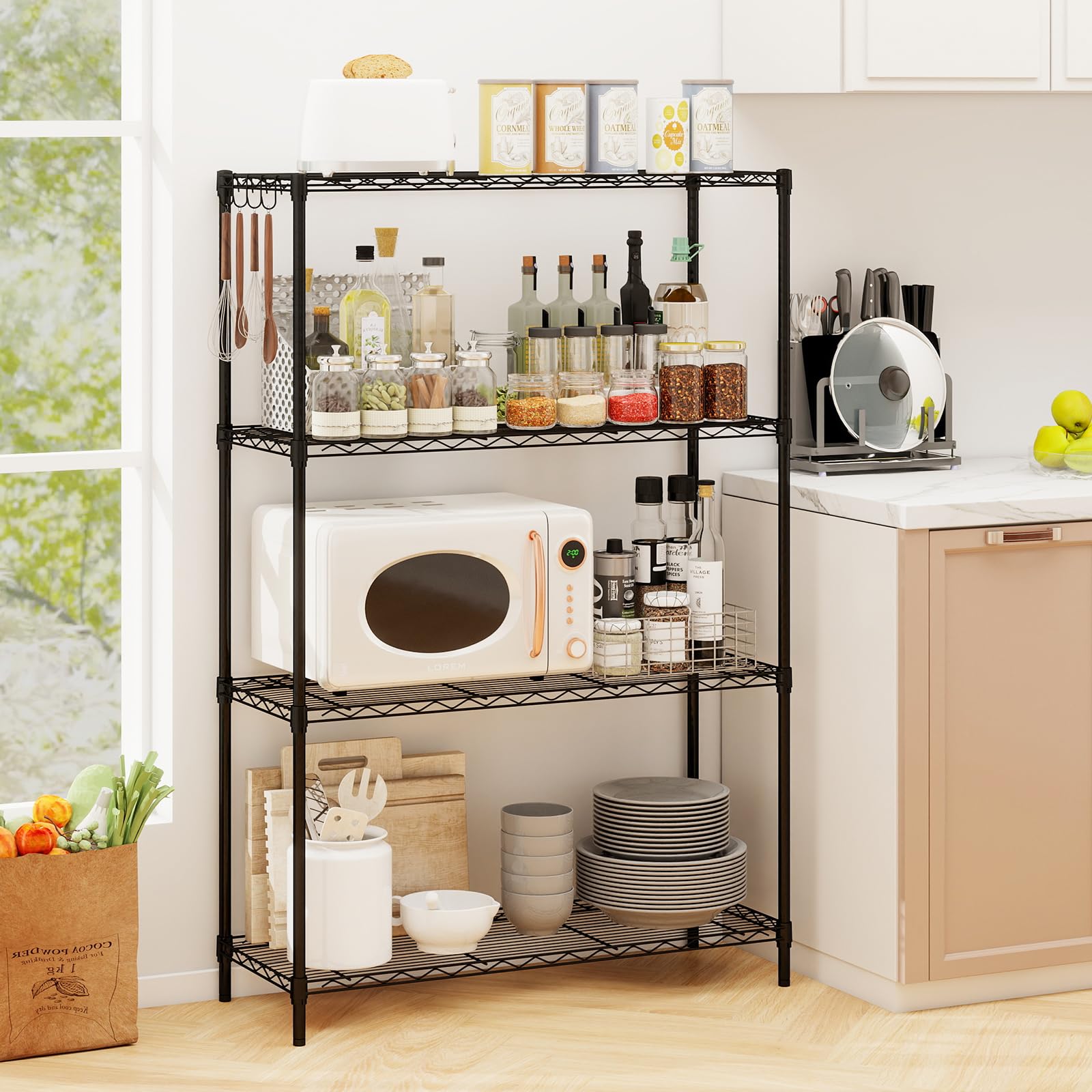 GIANTEX Ripiano portaoggetti a 4 livelli regolabile in altezza, scaffale in metallo, supporto fino a 567 kg, libreria in filo metallico con 4 ganci, per garage, cantina, cucina, 91 x 35 x 138,5 cm