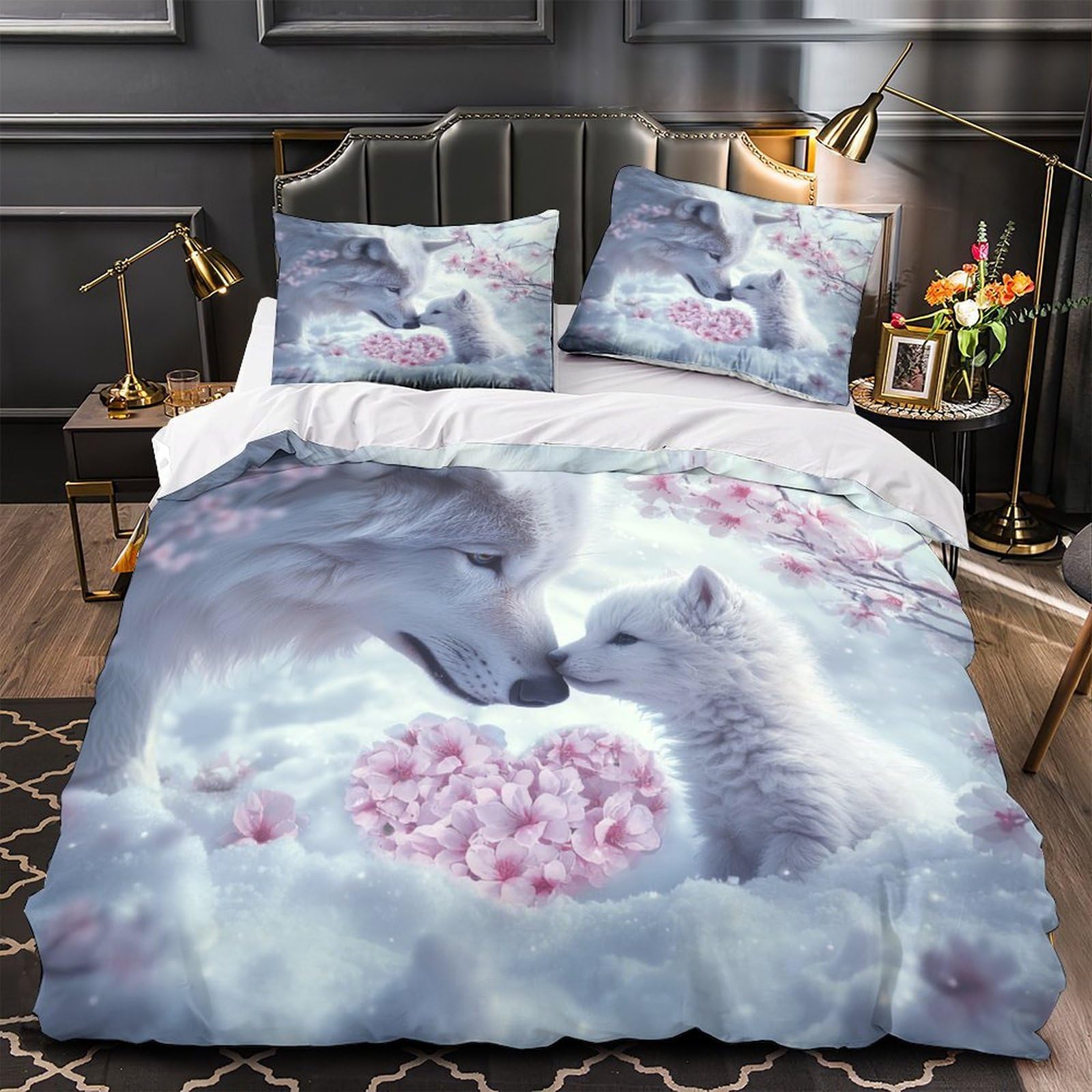 Parure de lit loup blanc en microfibre douce avec housse de couette fantaisie ado