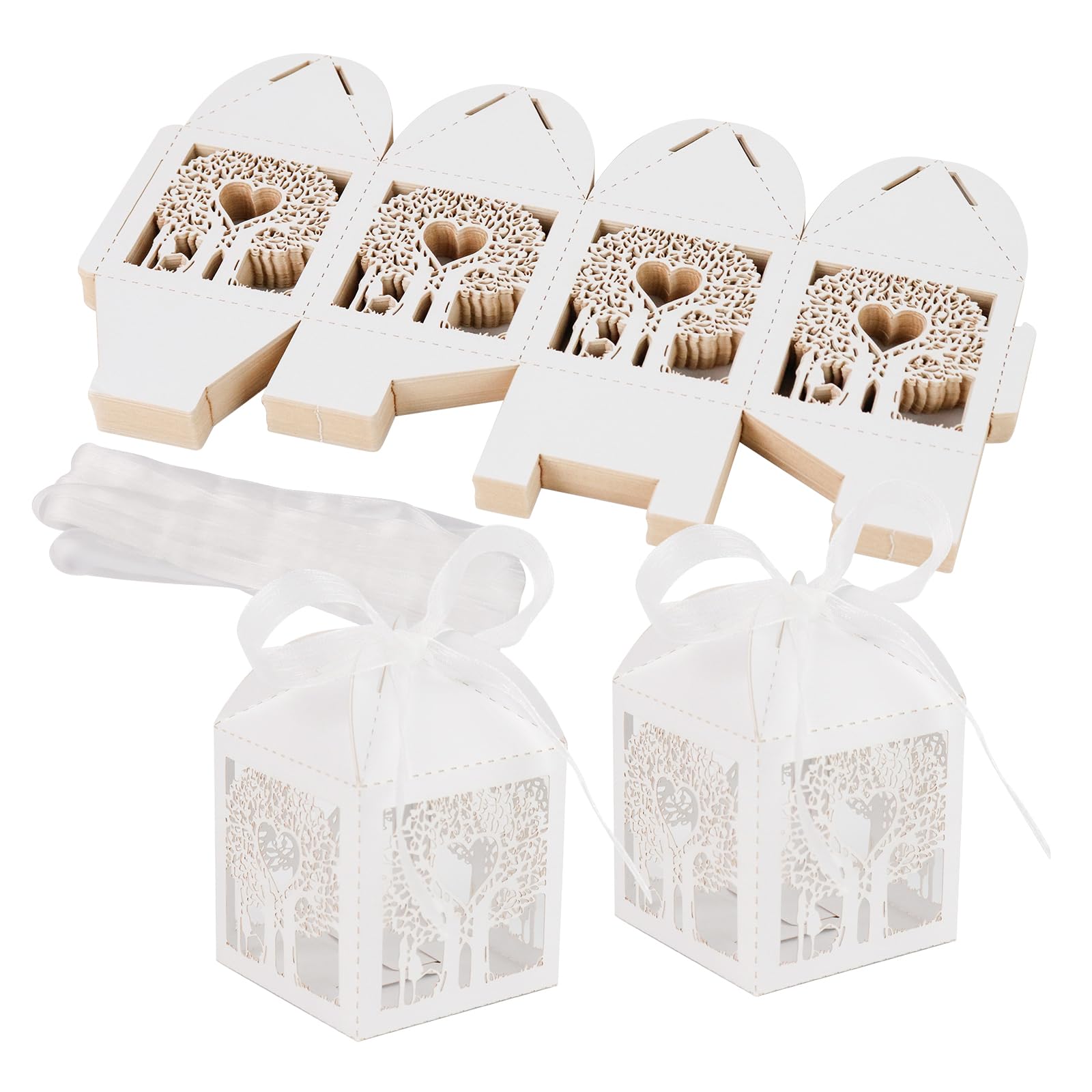 FRUHLING 50 cajas de regalo para caramelos de boda, caja de regalo, color blanco, caja de regalo para caramelos, caja de regalo con cinta para decoración de mesa, boda, decoración