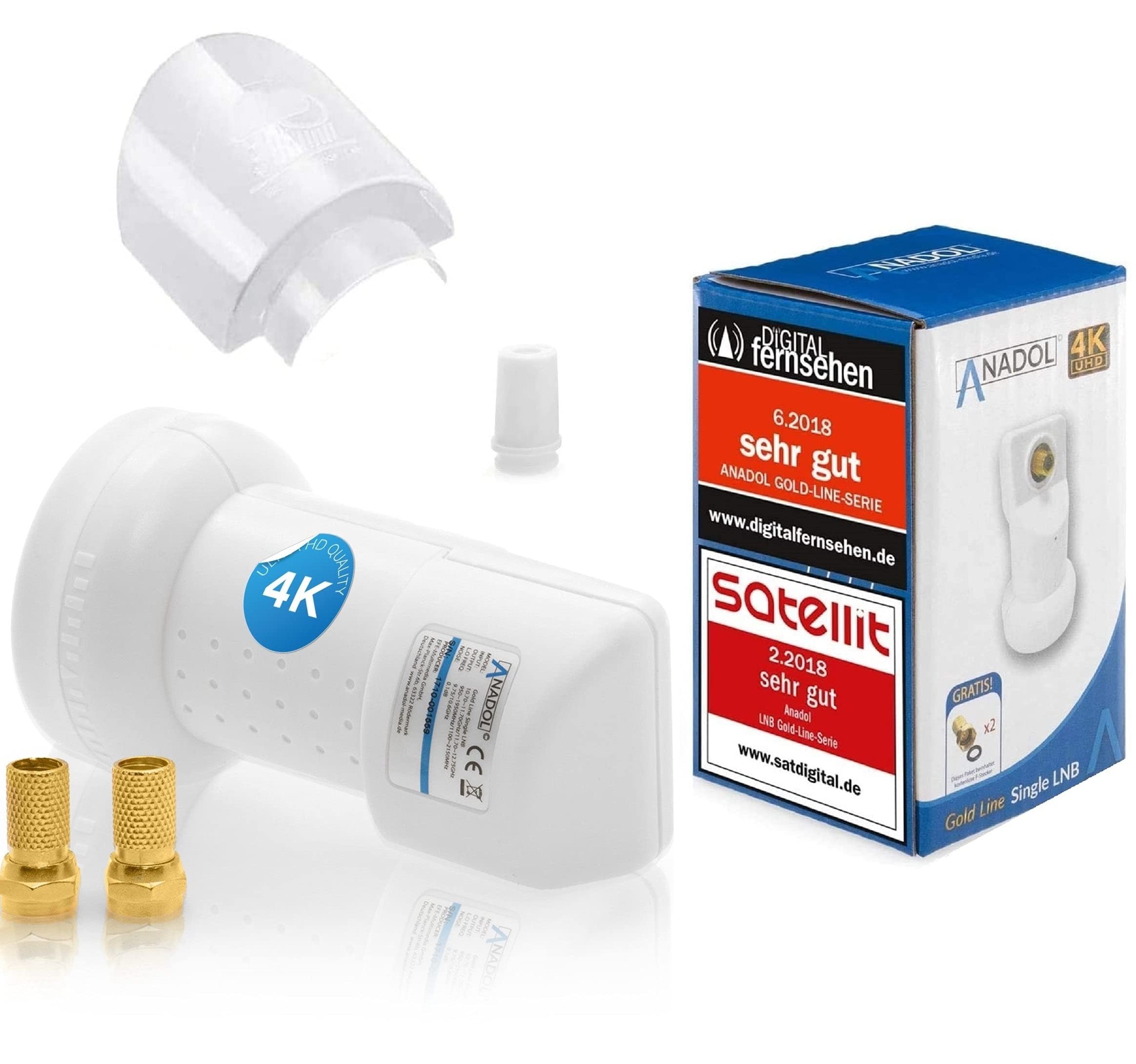 Anadol GoldLine Digital Single LNB-0.1 dB HDTV, 4K, UHD, Full HD, Cold and Heat Resistant (-30 to 60 °C), for 1 Participant, 1-Way LNB + 2 F-Connectors + LNB Weather Protection Cover