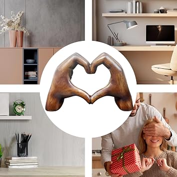 Love Heart Sculpture - Hand Gesture Aesthetic Figurine, Resin Boho Wedding Decorative Accents in Wooden Color