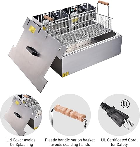 Miniatura 5 de Ampersand Shops - Freidora eléctrica comercial de 20 litros con cabezales eléctricos duales para papas fritas, maíz, perros, pollo frito, calidad de
