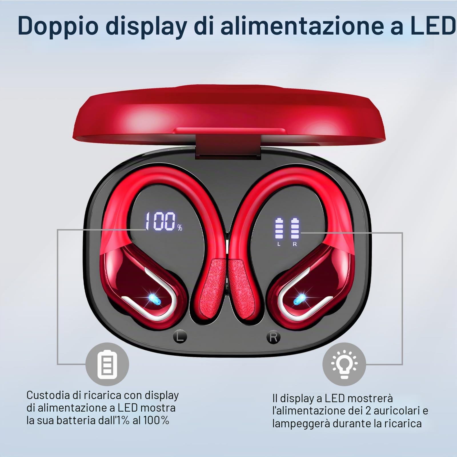 Ltinist Cuffie,Auricolari Bluetooth 5.3 con 3D Stereo HiFi,75H Cuffie Wireless con ENC Riduzione Rumore Mic,IP7 Impermeabili Cuffiette Senza Fili Sport Compatibili Android/iOS,LED Display,Rosso