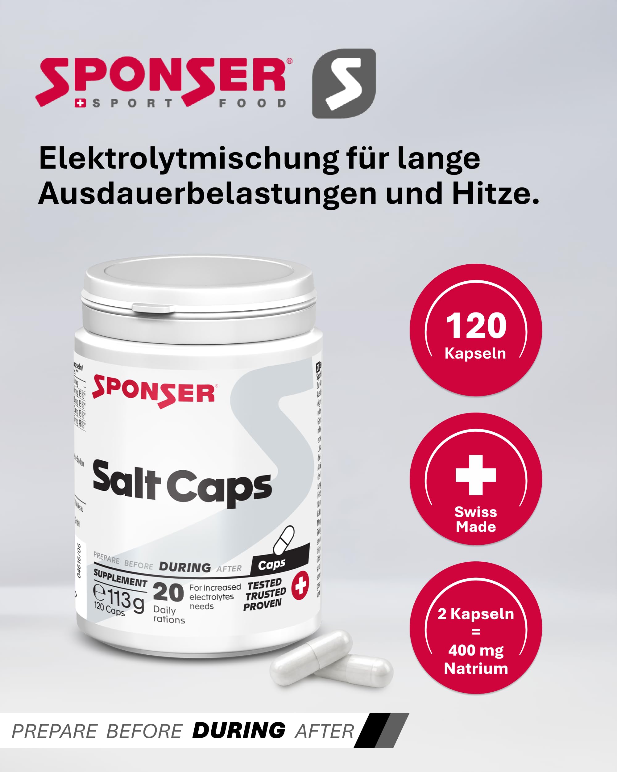 SPONSER Salt Caps - 120 Salz Kapseln - Vegane Elektrolyt-Kapseln Sport - Elektrolytmischung für Ausdauer & Hitze - Gluten- & Laktosefrei - Ohne Zucker für Lange Belastungen & Low Carb Training