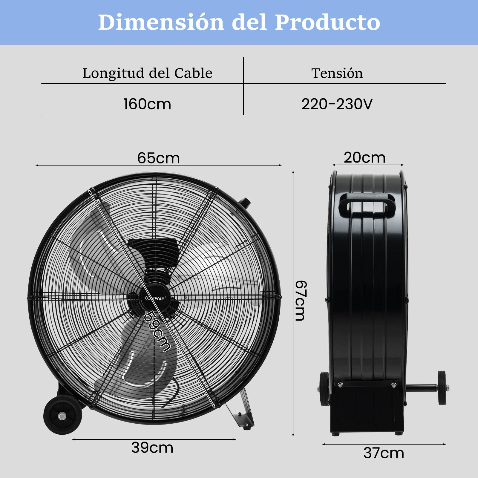 RELAX4LIFE Ventilador de Suelo 180W de Φ60cm con 3 Velocidades Ajustables, Ventilador de Tambor de Aluminio y Hierro con 1 Asa y 2 Ruedas para Fábrica, Tienda, Cobertizo (Negro)
