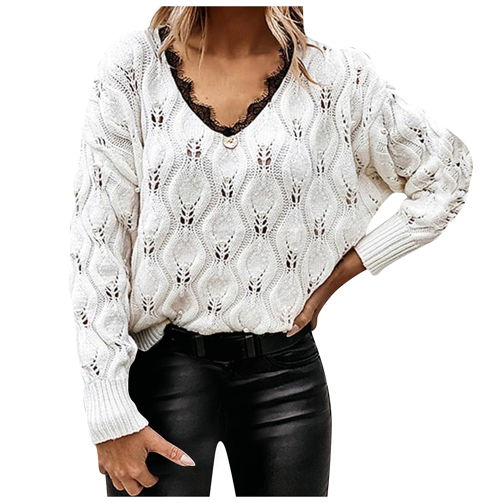 Women's Lace V-Neck Sweaters Long Batwing Sleeved Hollow Blouse Solid Color Knit Jumper Top Lightweight Blouse Sweater