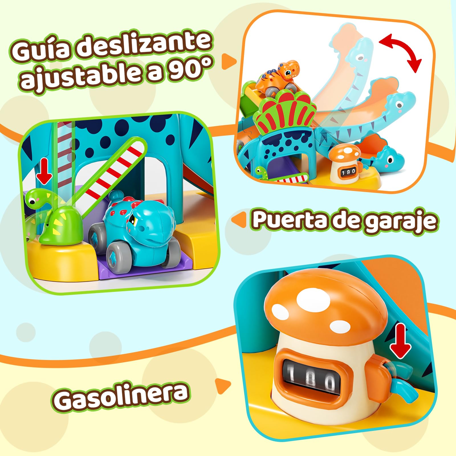Lehoo Castle Coche de Dinosaurios para Niños 1 2 3 Años, Juguete Educativo con Tobogán y Aparcamiento, Desarrollo Motricidad y Creatividad, Regalo para Niños y Niñas 1-3 Años