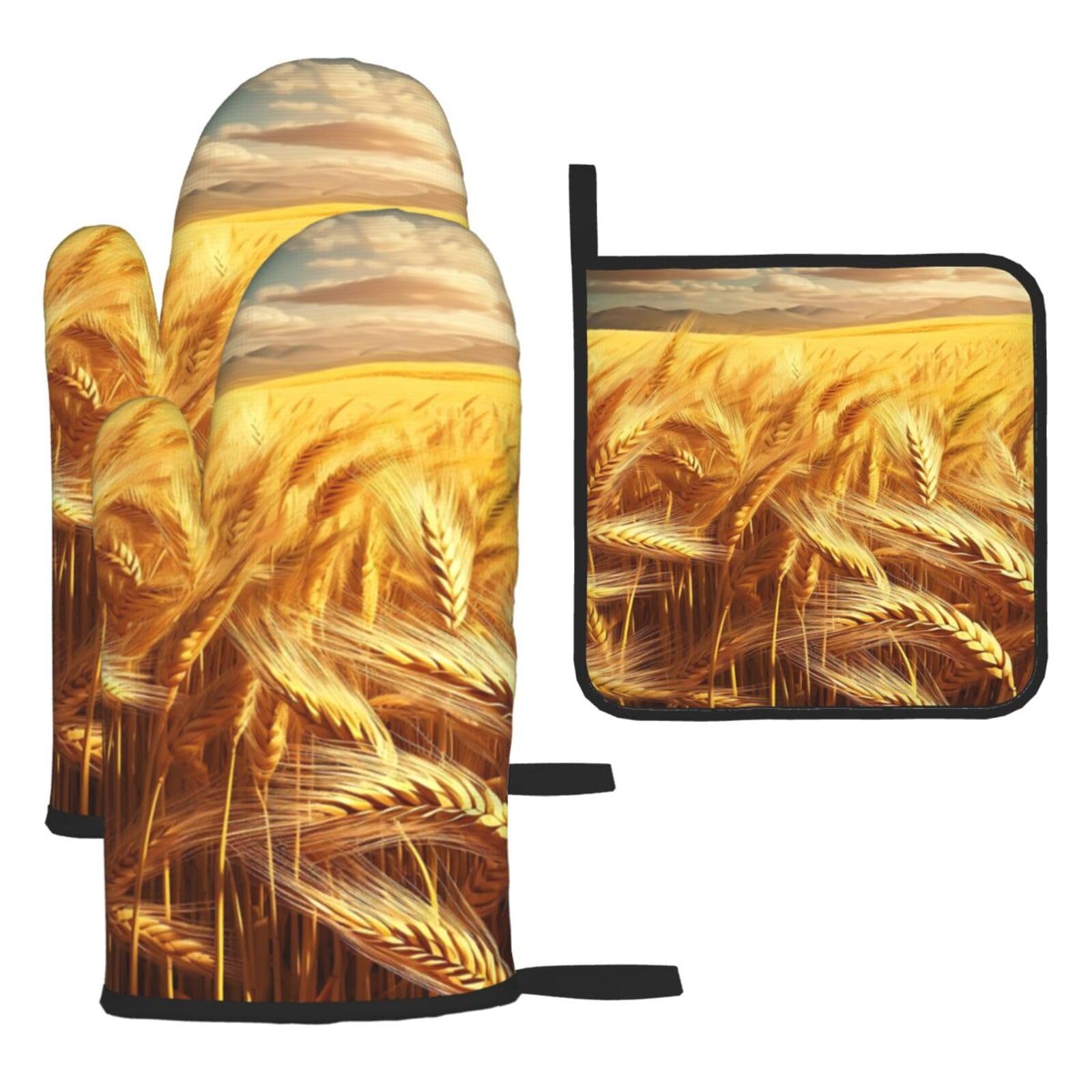 Oven Mitts and Pot Holders Set of 3 Heat Resistant Non-Slip Kitchen Gloves Hot Pads Golden Wheat Field Oven Mitts Kitchen Mittens Gloves Non-Slip Potholders for Cooking Baking Grilling BBQ