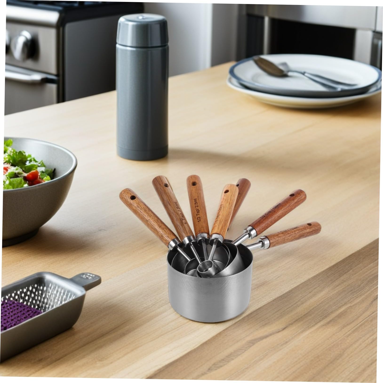 Cuillère Doseuse en Acier Inoxydable, Manche en Bois, Lot 8 Pièces