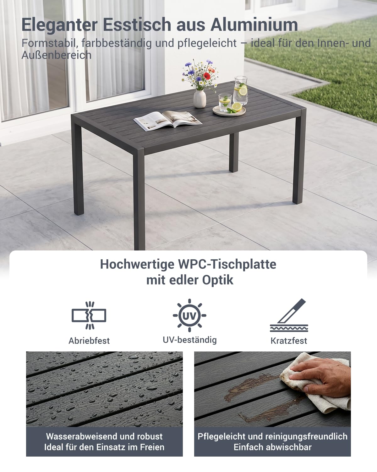 Atenza Gartenmöbel Set 5-teilig wetterfest, Tisch 140x80 cm, 4 Stühle | Rostfreies Aluminiumgestell, WPC-Tischplatte, breite Sitz- und Rückenkissen, Outdoor Essgruppe für Terrasse & Garten
