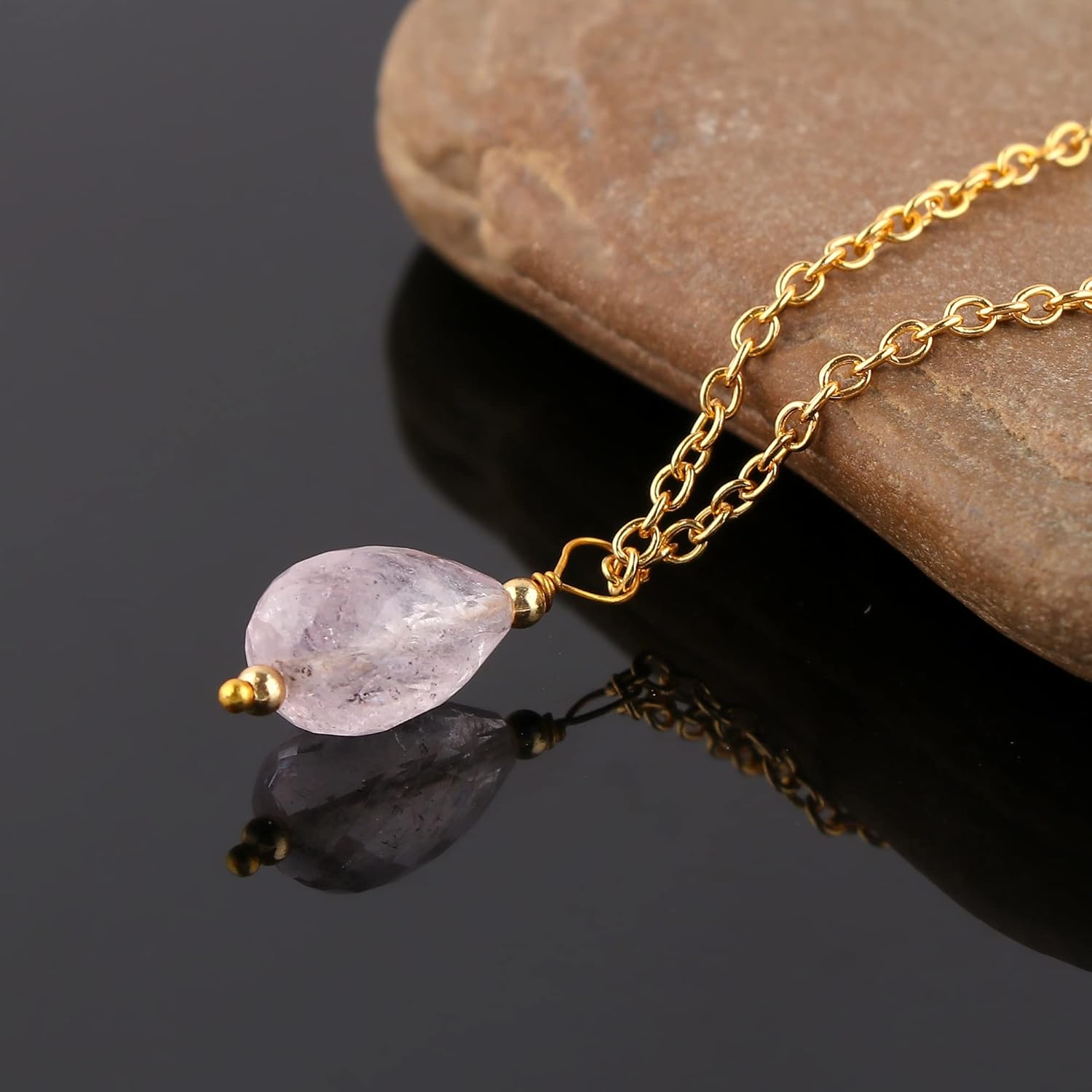 Morganite Faceted Pendant Necklace for Women | Natural Pink Gemstone Jewelry | Gold Plated Chain 16+2 Inch Adjustable | Healing Crystal Love Statement Necklace - Image 2