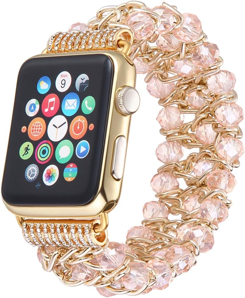 Censha Compatible with Apple Watch Band 42mm 44mm, Women Fashion Handmade Elastic Stretch Crystal Beaded Bracelet Metal Chain Replacement Strap for iWatch Series 4/3/2/1 (Pink 42/44mm)