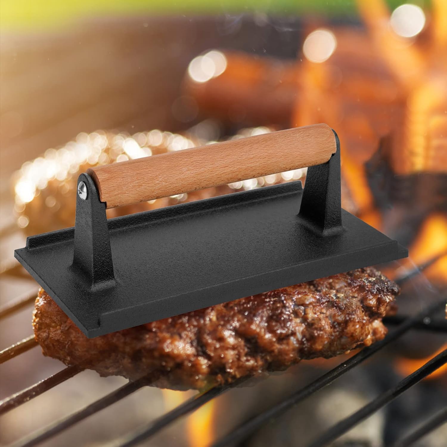 Pressa per Bistecche in Ghisa, Manico in Legno Ghisa Commerciale, Pressa per BBQ Panini Hamburger Griglia