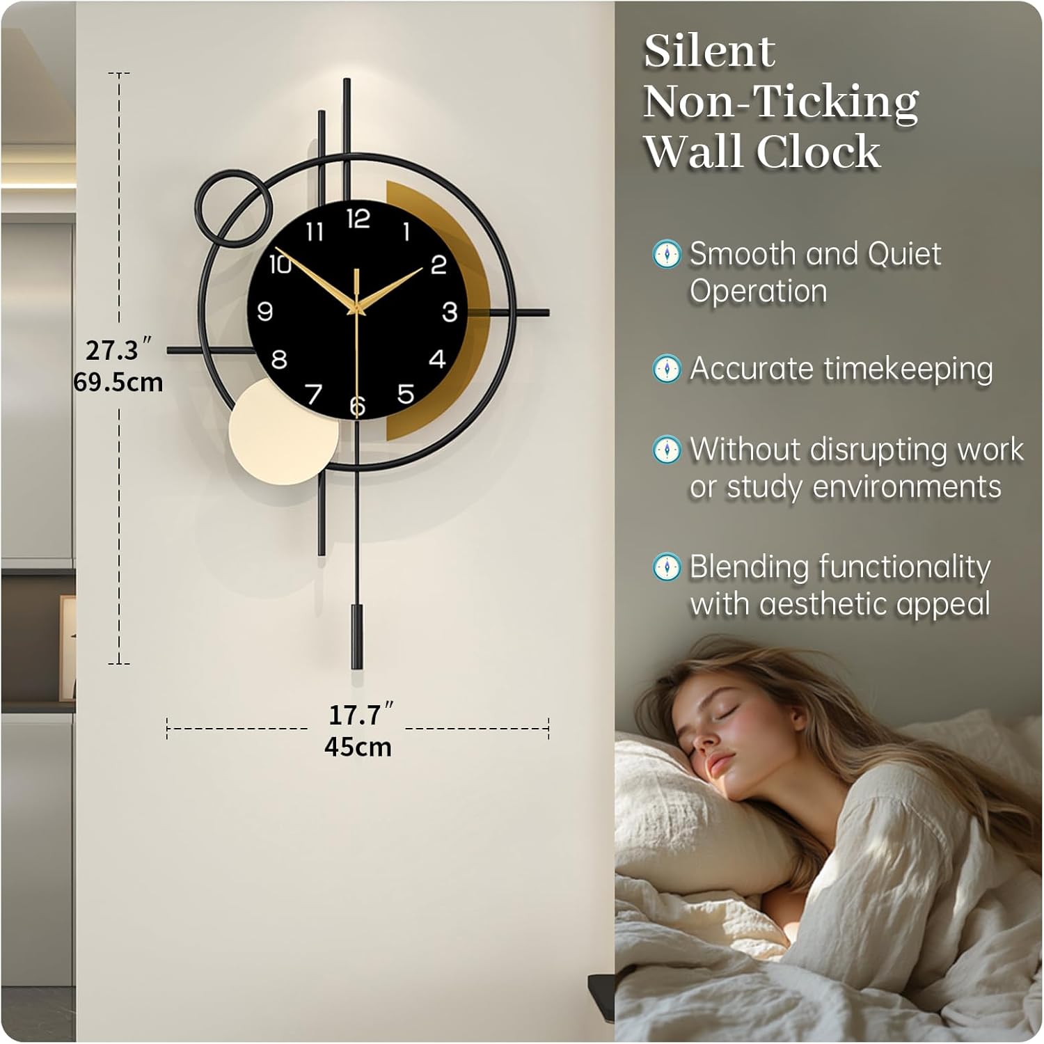 Large Wall Clock for Living Room Decor Modern Wall Clock with Pendulum Silent Quartz Battery Operated Metal Decorative Clock for Dining Room,Kitchen,Home,Bathroom,Bedroom,17.7x27.3 in