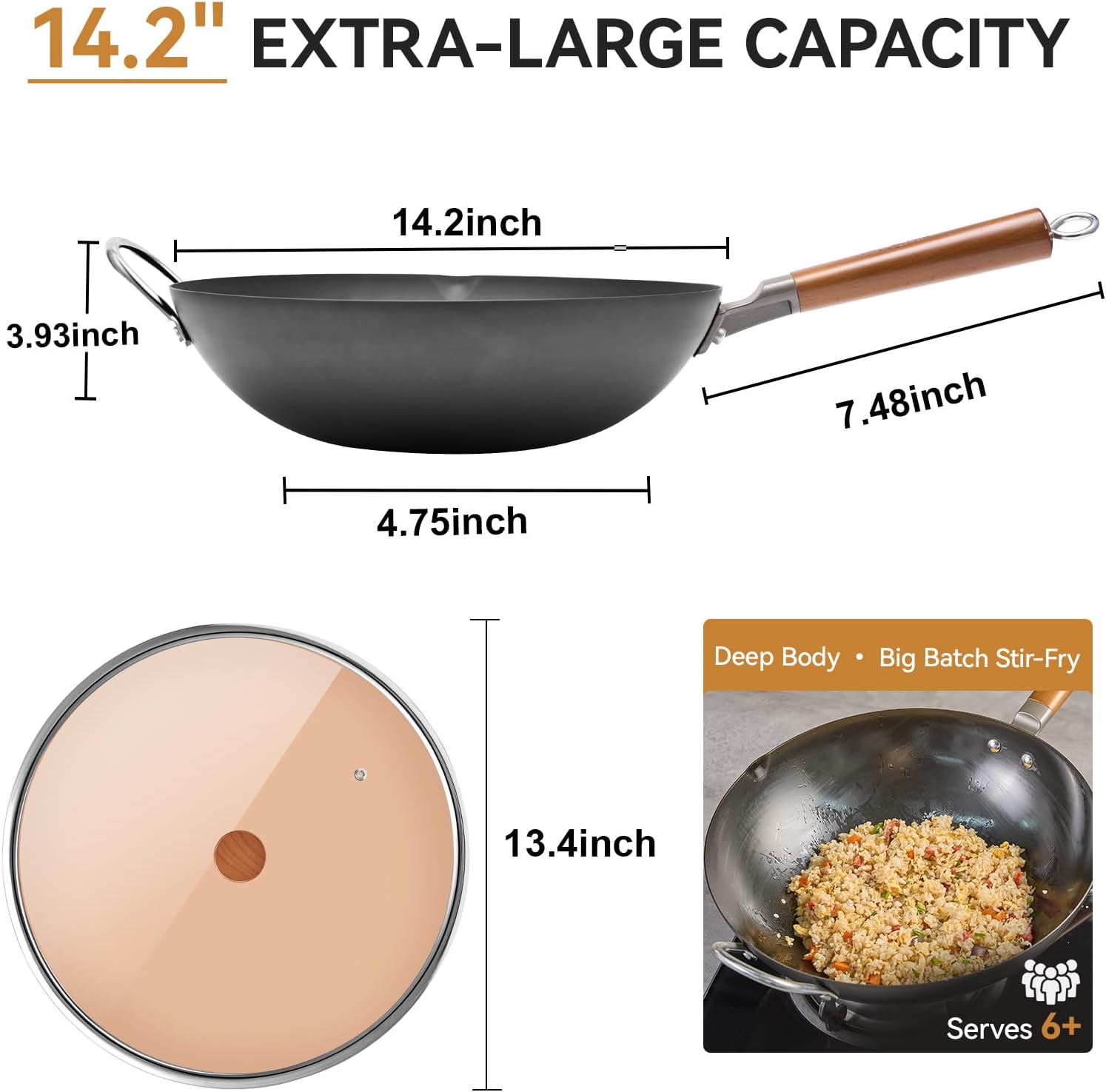 WANGYUANJI Carbon Steel Wok 14.2", Large Nitriding Flat Bottom Stir Fry Pan with Lid, No Chemical Coating Rust Resistant Iron Skillet for Induction Electric Gas Stoves, Big Capacity Serves 6+ - Image 4