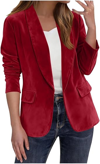 Womens Velvet Blazer Jackets Long Sleeve Shawl Collar Blazer Suits Vintage Office Work Outfits Open Front Cardigan