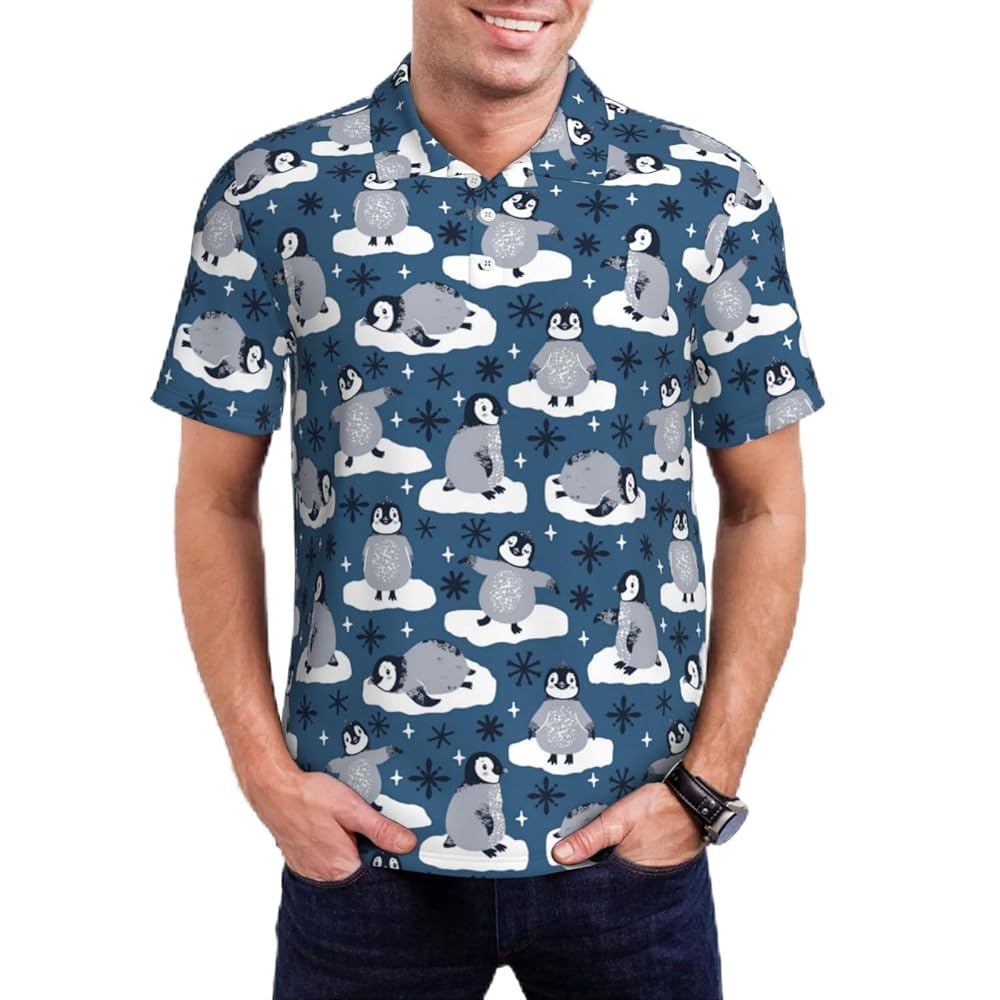 Mosytuky Snow Penguin Print Golf Shirts for Men Dry Fit