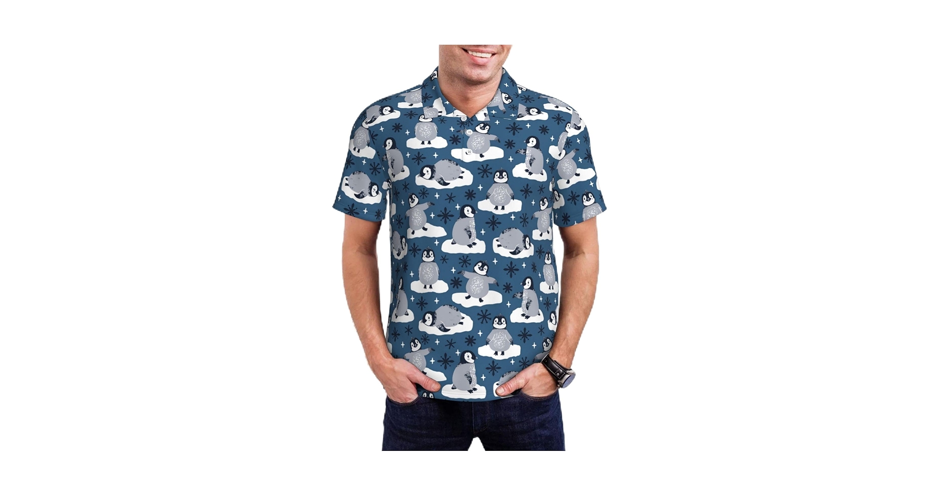Mosytuky Snow Penguin Print Golf Shirts for Men Dry Fit
