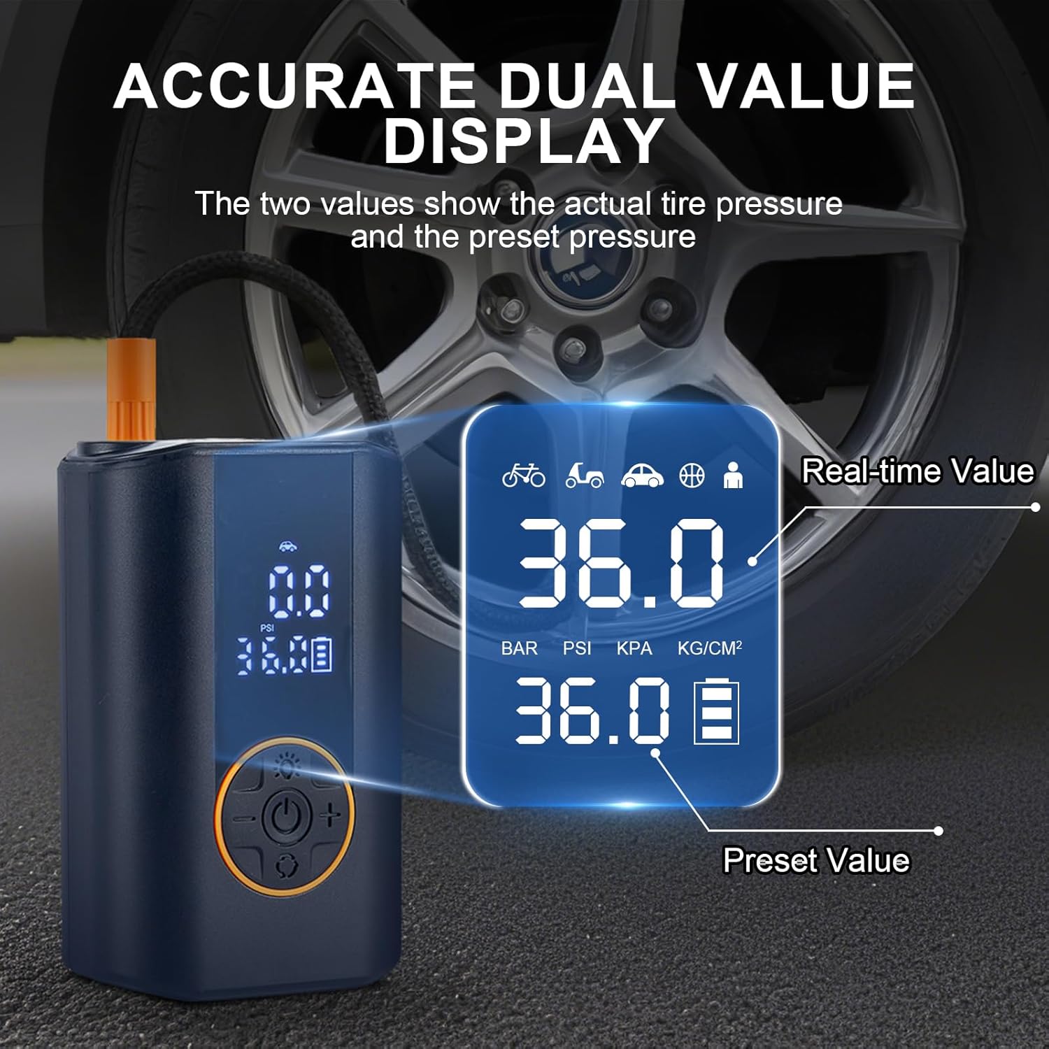 Tire Inflator Portable Air Compressor, 150 PSI Cordless Air Pump for Car Tires with Digital Pressure Gauge, LED Light and Auto Shut Off Function, Bike Pump for Car, Motorcycle, Bicycle, Ball, Black