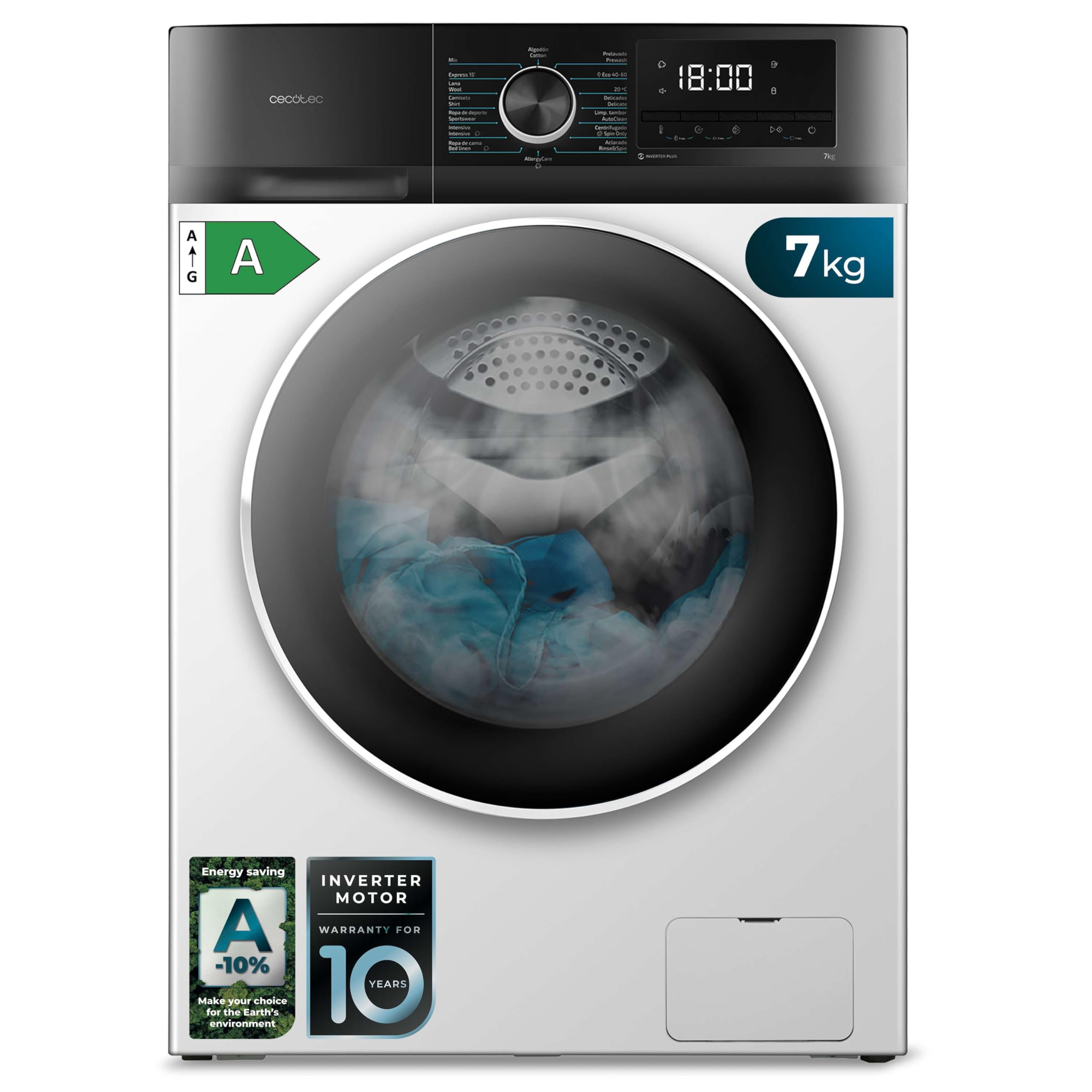 Cecotec Bolero Dresscode 7410 Washing Machine front view pẹlu awọn iwọn