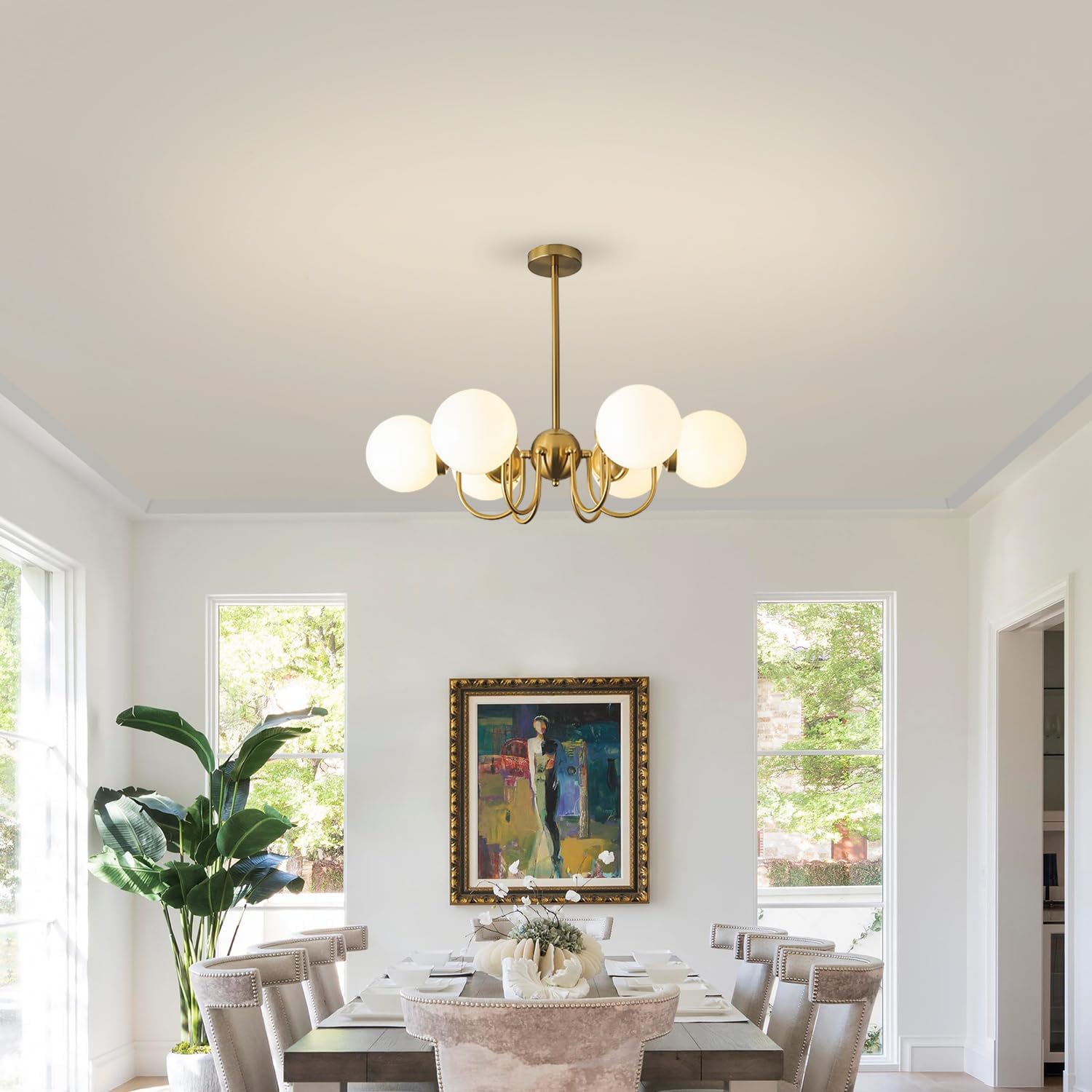 Gold Vintage Sputnik Chandelier Modern 6-Light Globe Glass Farmhouse Ceiling Light Fixture Mid Century Over Table Lighting for Dining Room Living Room Bedroom