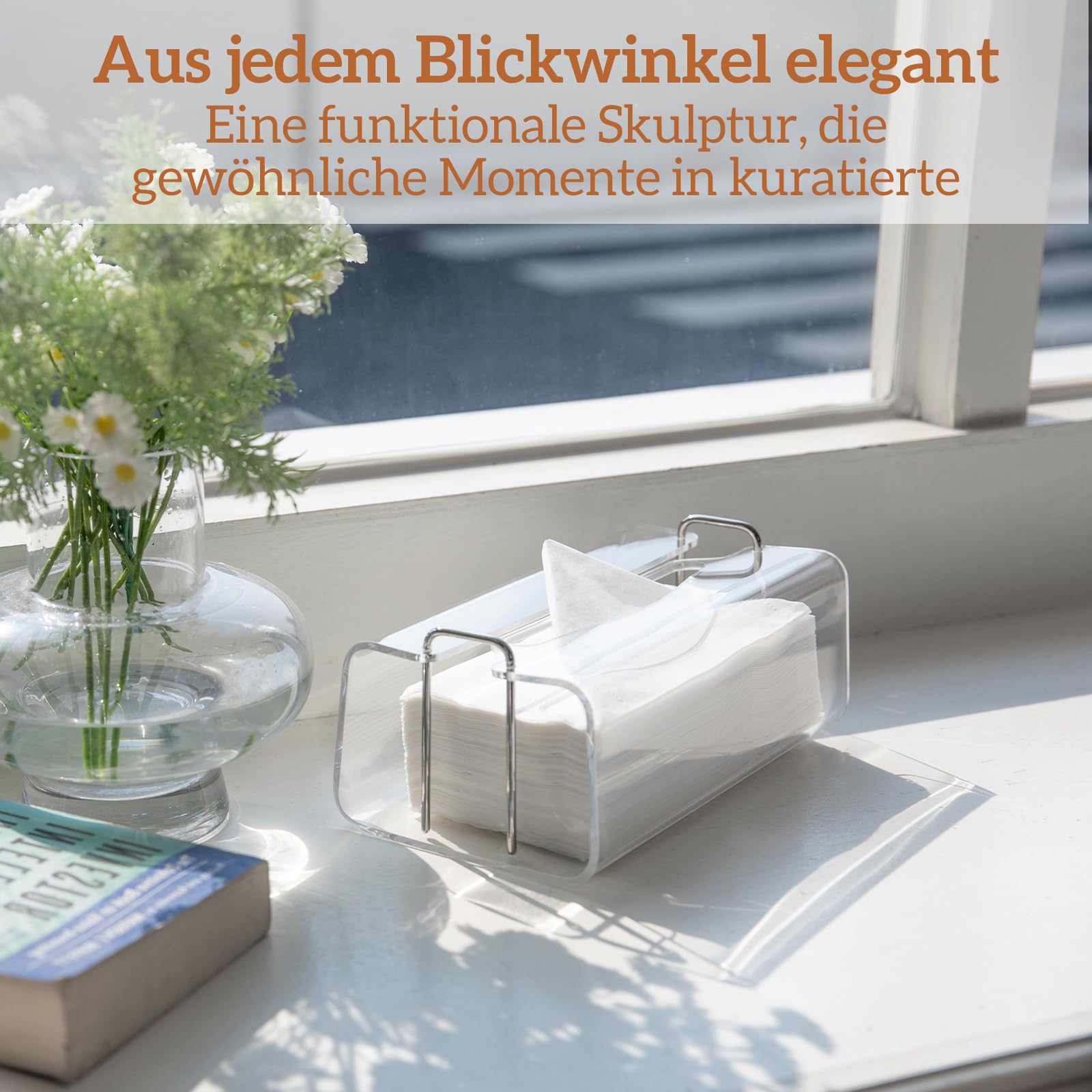 Acryl Kosmetiktücherboxen Rechteckig mit Geschwungenem Design - Dekorativer, Moderner, Kristallklarer Taschentuchspender mit Silbernen Metallakzenten für Wohn-/Büro-Deko