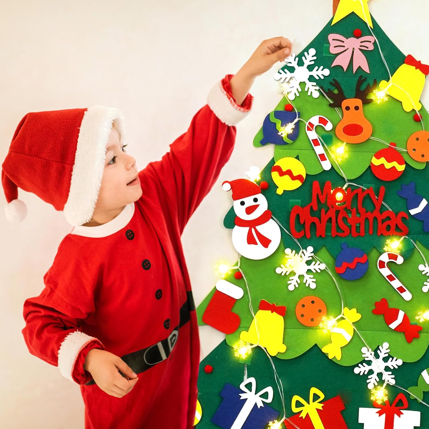 YEAHBEER Felt Christmas Tree for Toddlers, 3.2FT Felt Christmas Tree for Kids, 32 Detachable Ornaments, Toddlers Wall Hanging Decorations, Luminous Snowflake Bulb, DIY Xmas Tree Decor image 2